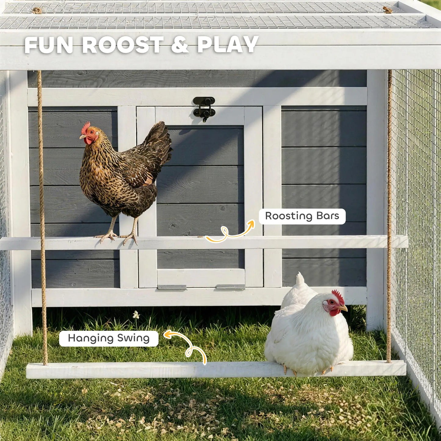 118"L Chicken Coop, Large Wooden Hen House with Run, Pull-Out Tray, Waterproof Roof, Nesting Box, Swing, Roosting Bars Chicken Coops at Gallery Canada