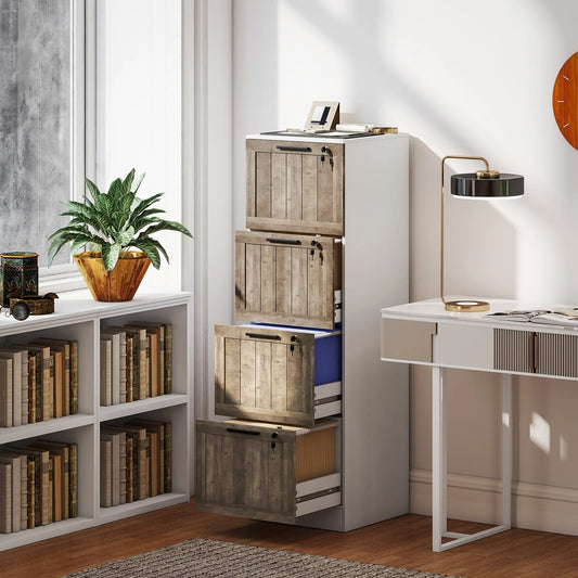 4 Drawer Filing Cabinet, Farmhouse Style, Adjustable Hanging Rails, White Office Cabinets & Cupboards White, Brown Wood Grain at Gallery Canada