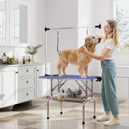 Adjustable Dog Grooming Table, 2 Safety Slings, Storage Basket, Blue Dog Grooming Tables at Gallery Canada