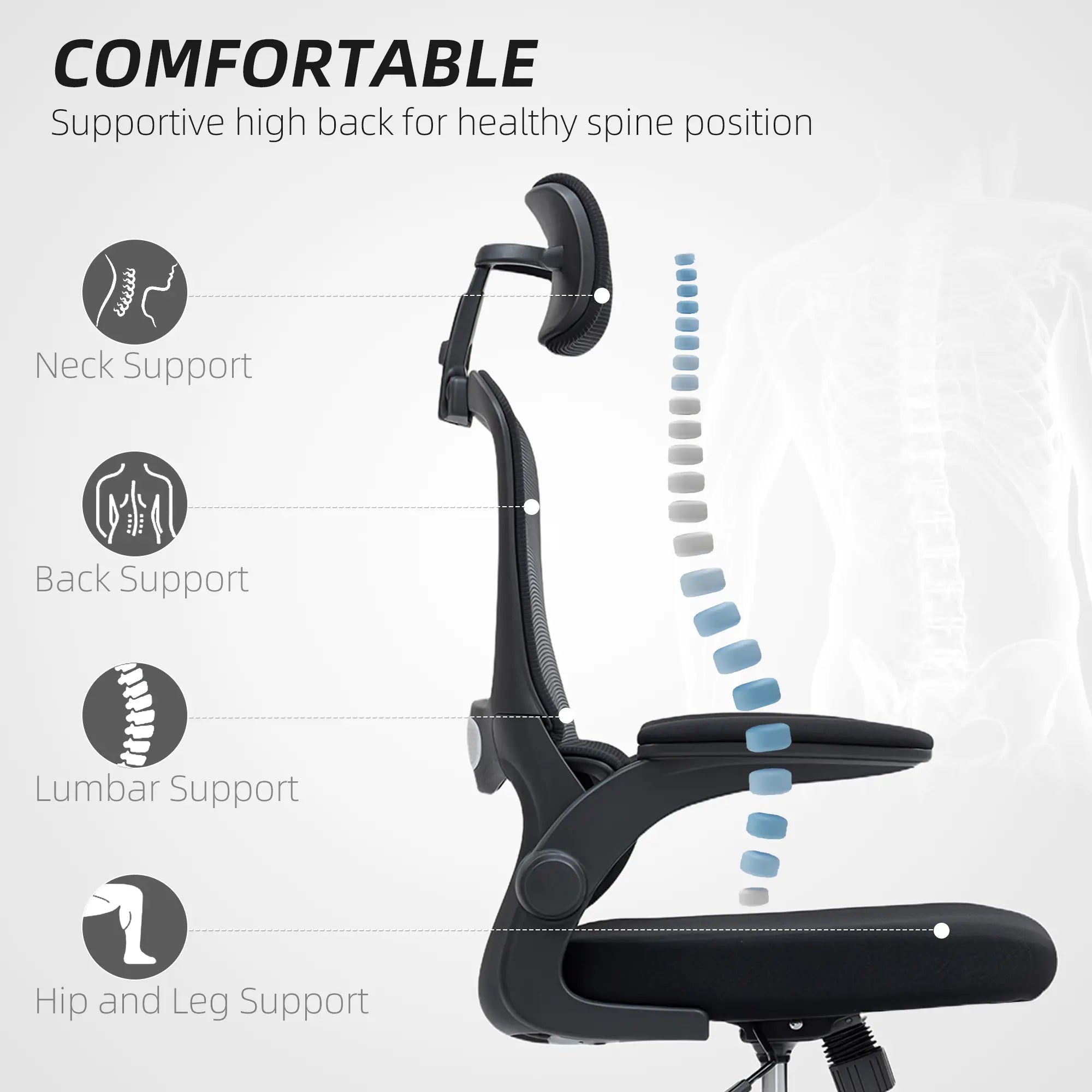Ergonomic Mesh Office Chair, High Back, Rotatable Headrest, Flip Up Armrests, Lumbar Support, Black Task Chairs at Gallery Canada