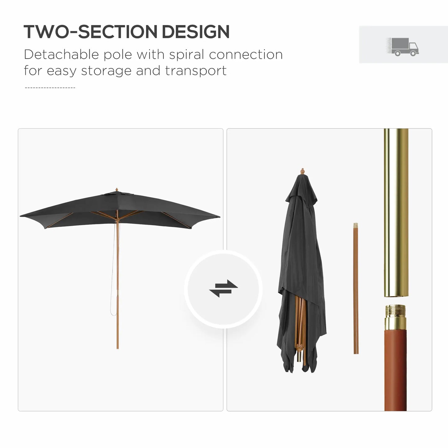 7' x 10' Dark Grey Wooden Patio Umbrella, Outdoor Sunshade Canopy, Dark Grey Sun Umbrellas at Gallery Canada