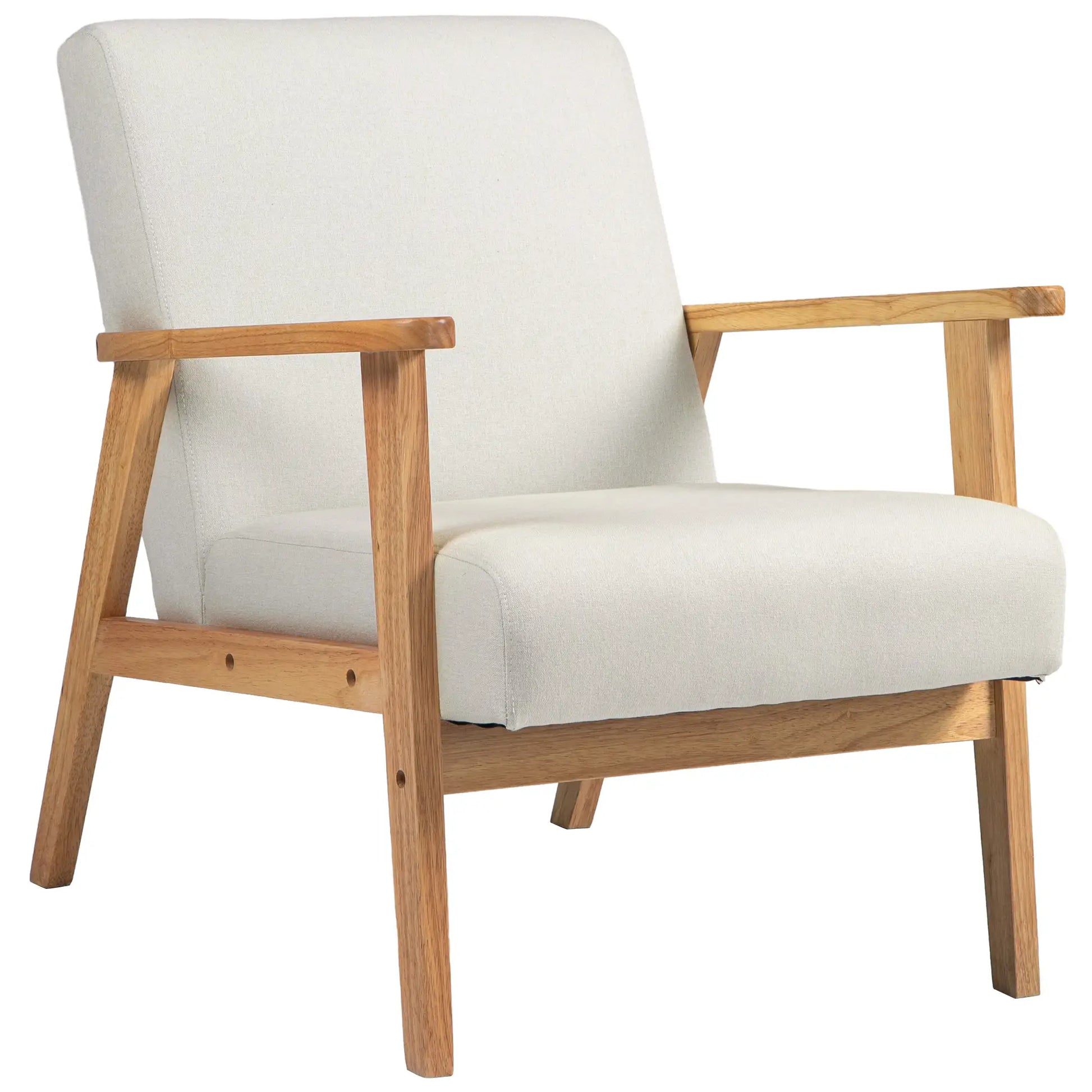 Mid-Century Modern Accent Chair Retro Fabric Armchair Wooden Arm Upholstered Lounge Chair for Living Room Cream White Accent Chairs Cream at Gallery Canada