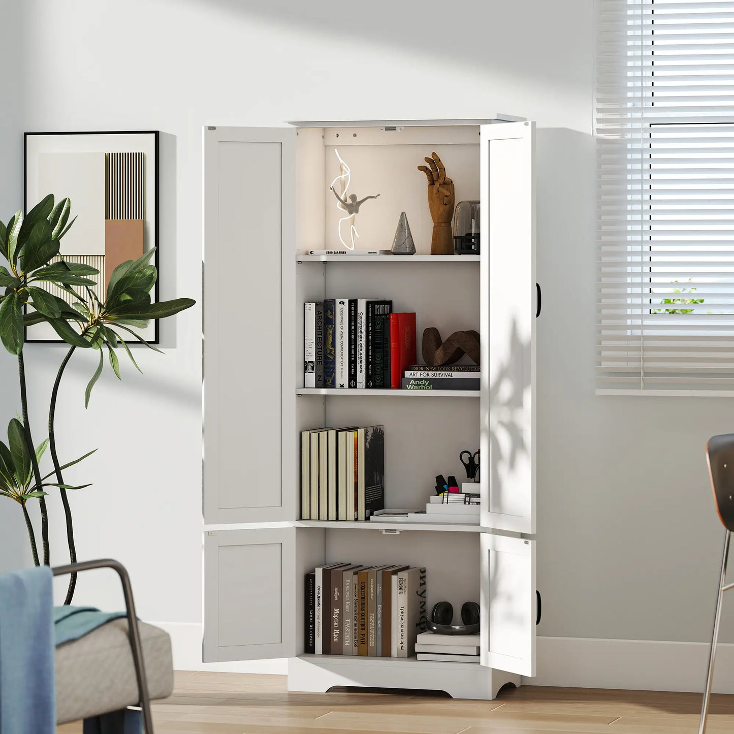 60" 4-Door Storage Cabinet, Adjustable Shelves, Large Pantry, White Kitchen Pantry Cabinets at Gallery Canada