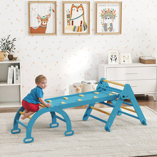 7-in-1 Pikler Triangle Set, Foldable Wooden Climbing Toys, Blue
