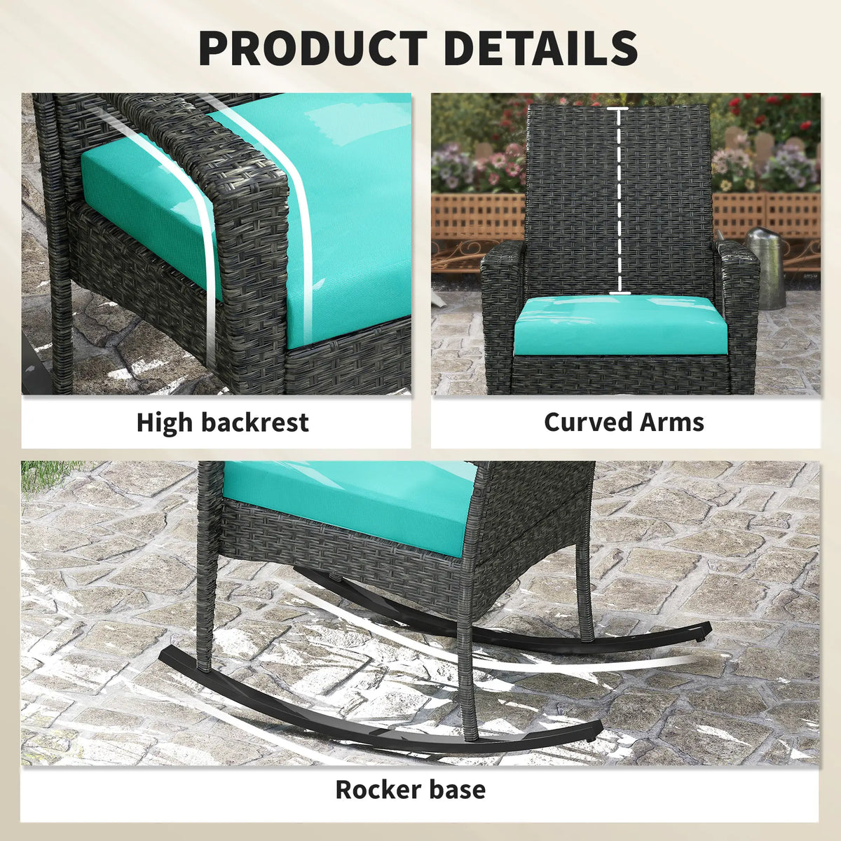 Outdoor Rocking Chair, Removable Cushion, High Back Armrests, Turquoise Outdoor Rocking Chairs at Gallery Canada