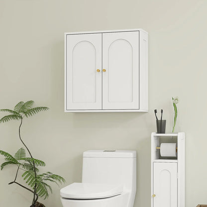 Modern Medicine Cabinet, Wood Grain, 2 Arched Doors, Gold Handles, White Bathroom Cabinets at Gallery Canada