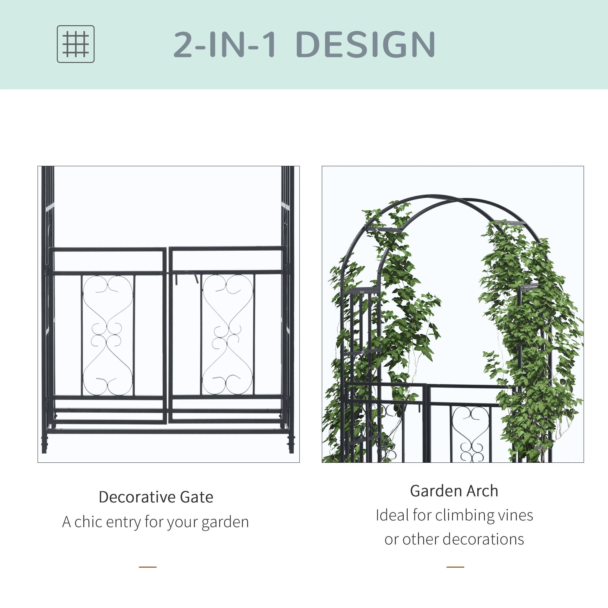 6.7 FT Steel Garden Arch with Gate, Outdoor Arbor for Vines, Dark Grey Garden Arches at Gallery Canada
