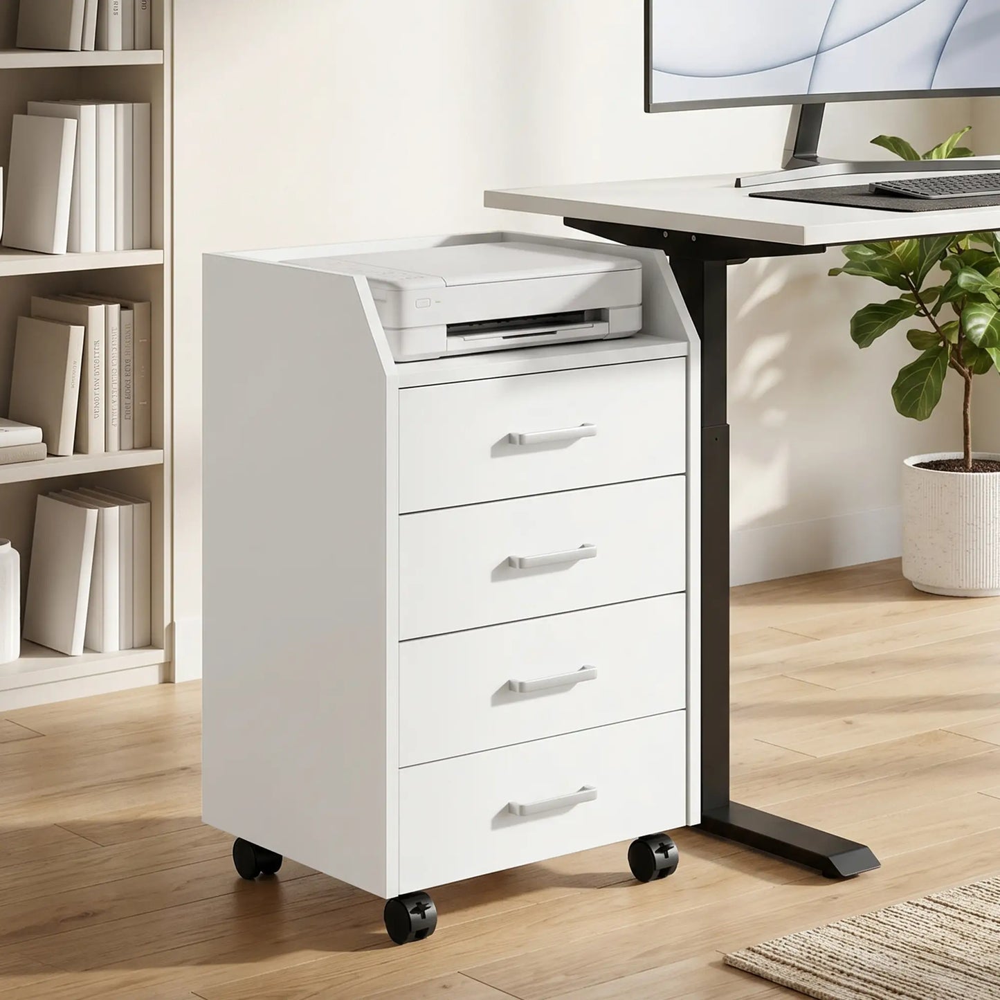 Armoire de classement verticale mobile à 4 tiroirs avec roues verrouillables, blanc