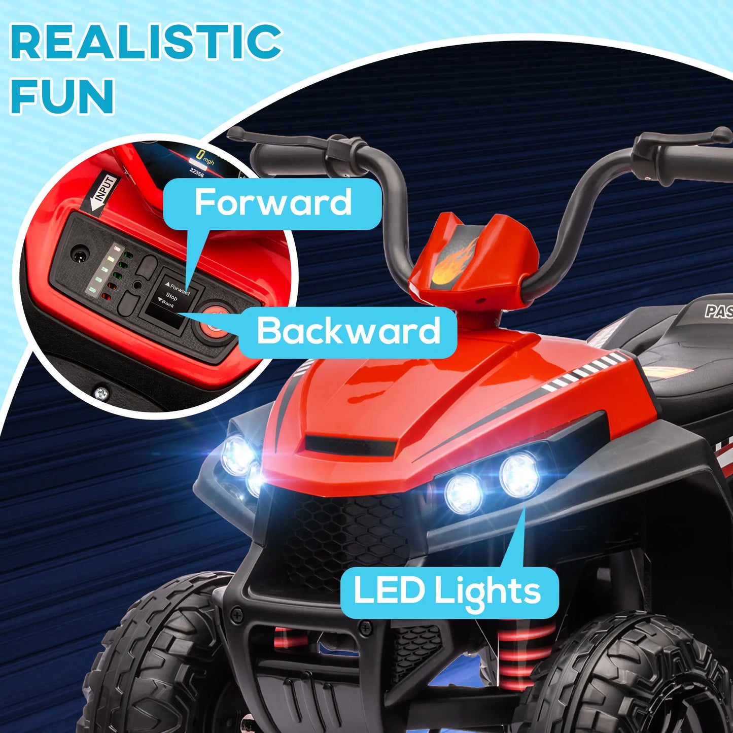 12V Kids ATV, Four Wheels, Spring Suspension, Forward Backward, LED Light, MP3, Red Electric Ride On Toys at Gallery Canada