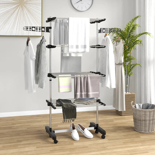 Stainless Steel Folding Clothes Drying Rack, Side Wings, Castors, Indoor Outdoor, Black