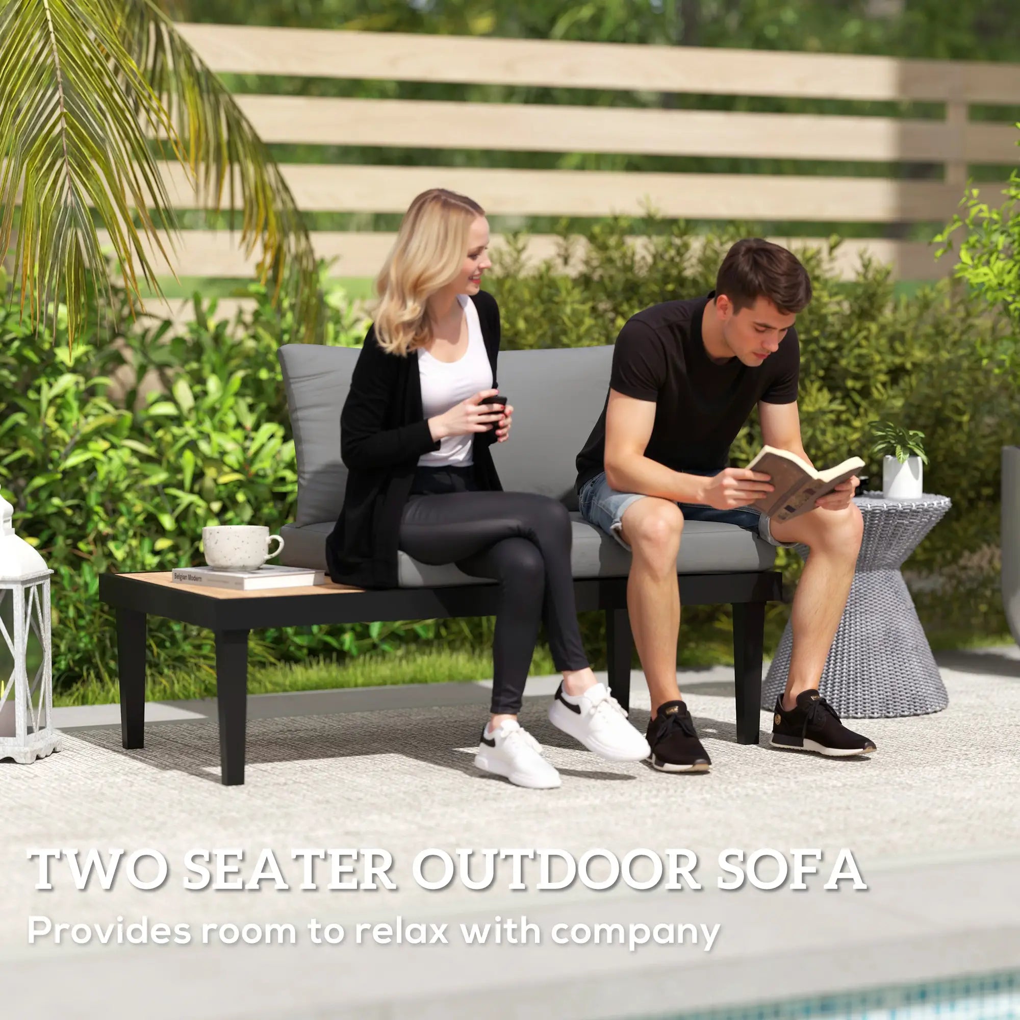 2 Seater Patio Sofa, Outdoor Couch with Wood Tray, Cushions, Grey Patio Chairs at Gallery Canada