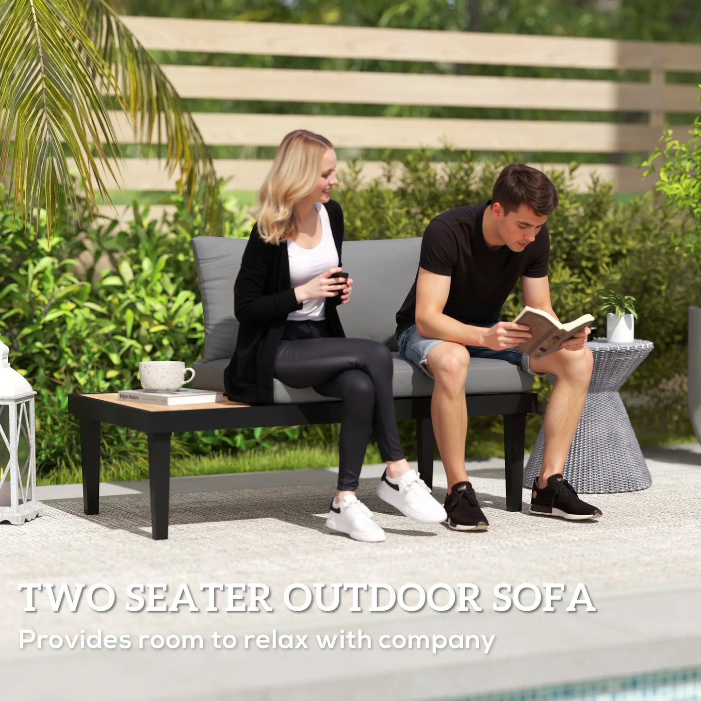 2 Seater Patio Sofa, Outdoor Couch with Wood Tray, Cushions, Grey Patio Chairs at Gallery Canada