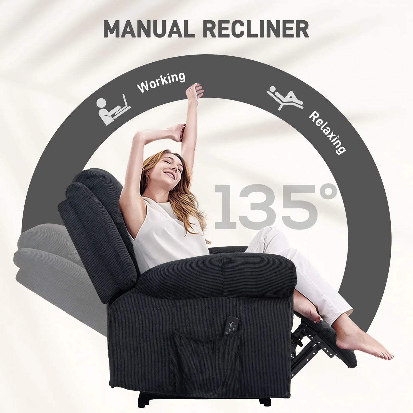 Manual Recliner Chair, Vibration Massage, Side Pockets, Corduroy, Black Sofas & Reclining Chairs at Gallery Canada