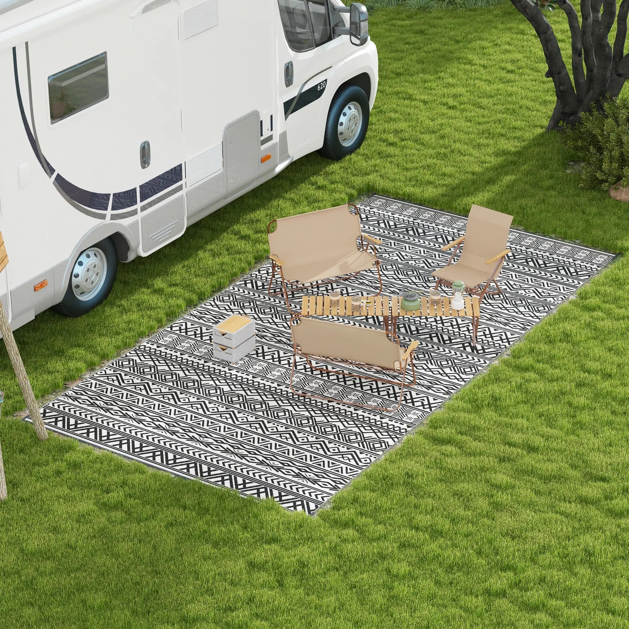 Reversible Outdoor Rug, Waterproof, 9' x 18', Boho, Grey Cream White Outdoor Reversible Rugs at Gallery Canada
