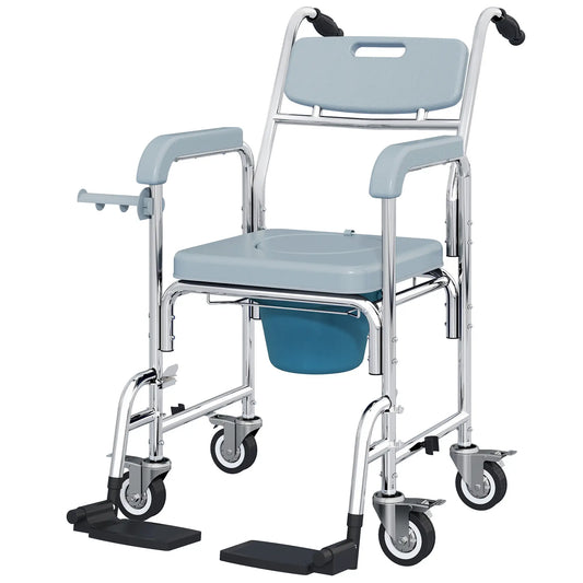 Rolling Shower Chair, Commode with Wheels, Backrest, Arms, Flip Footrests, Grey Bath Chairs Grey, Silver at Gallery Canada