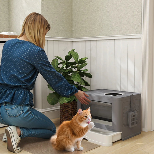 Cat Litter Box, Front Enter Top Exit, Pull Out Tray, Easy Clean, Grey Cat Litter Box Enclosures Grey, White at Gallery Canada