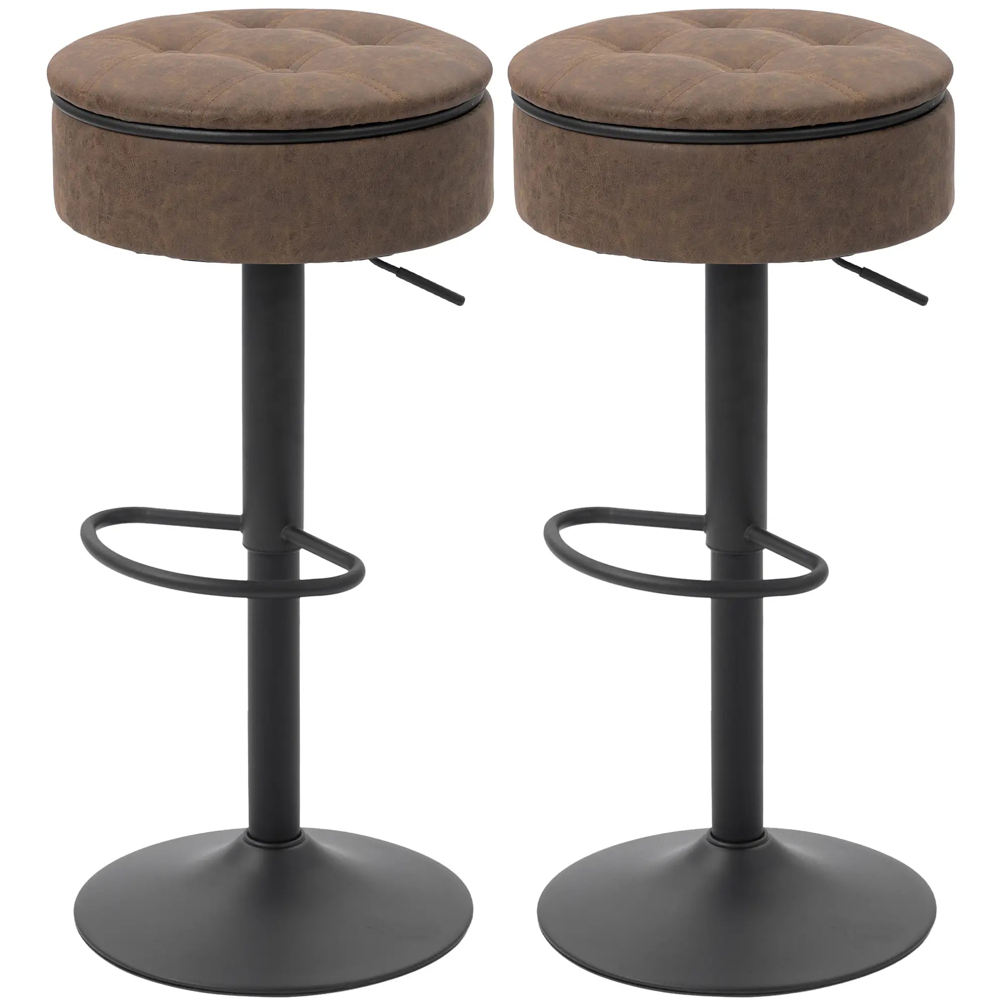 Set of 2 Barstools with Storage, Swivel, PU Leather, Footrest, Steel Base, Brown Bar Stools Brown at Gallery Canada