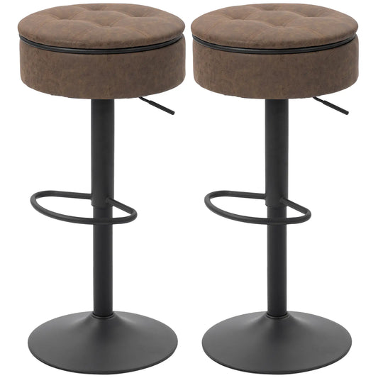 Set of 2 Barstools with Storage, Swivel, PU Leather, Footrest, Steel Base, Brown Bar Stools Brown at Gallery Canada