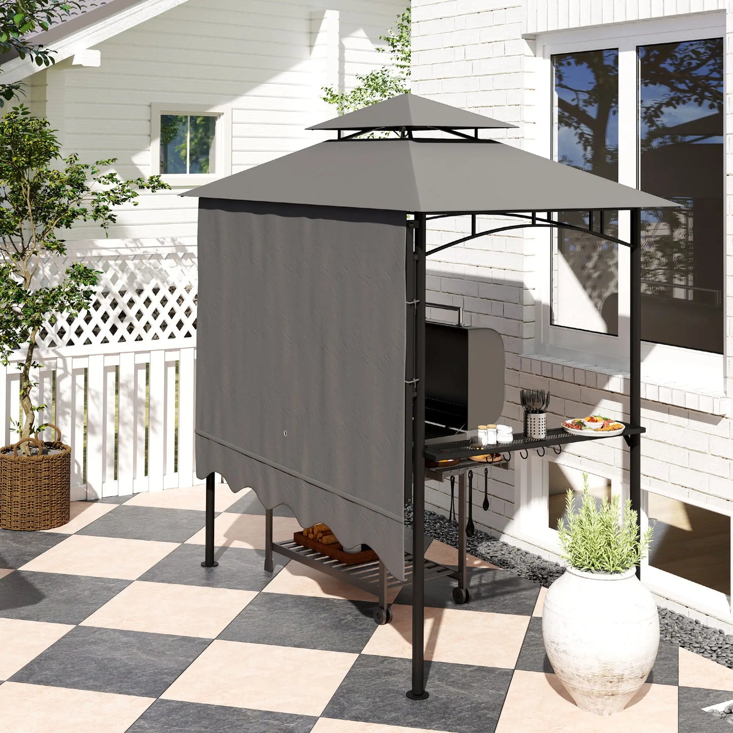 8' x 5' Grill Gazebo, Double Tiered Barbecue Shelter, Dark Grey BBQ Grill Gazebos at Gallery Canada