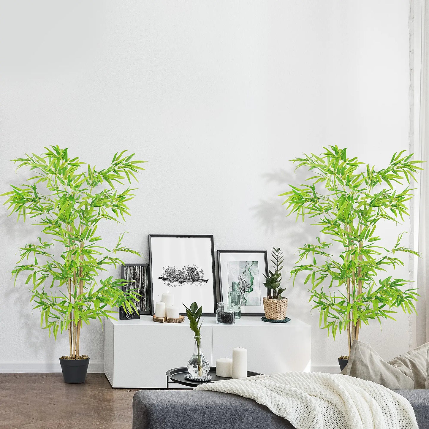 Artificial Bamboo Tree Set, 5ft Realistic Leaf, Natural Trunk, Nursery Plant