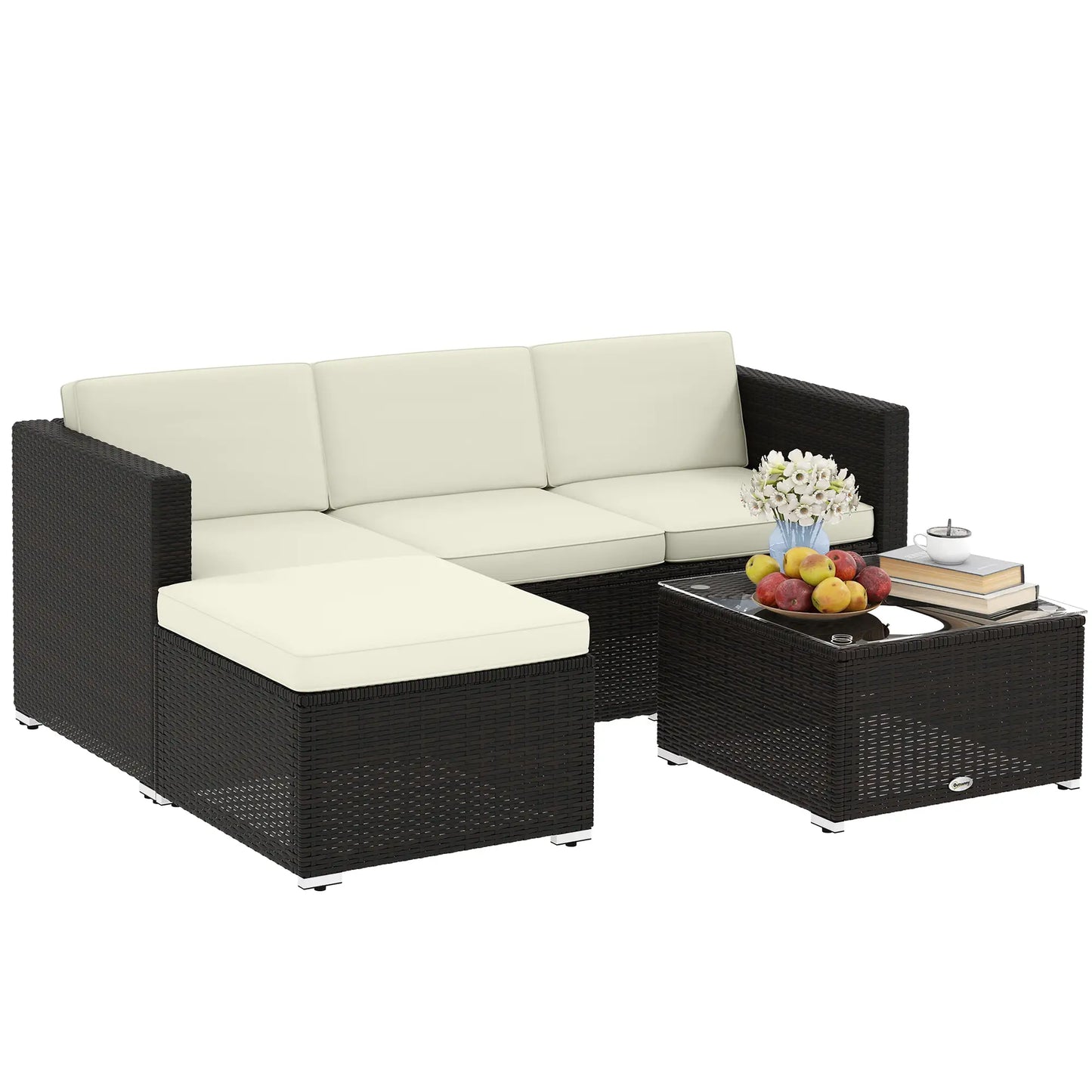 3-Piece Patio Set with Cushions, PE Rattan Sofa, Glass Table, Cream White Patio Furniture Sets Brown, Cream White at Gallery Canada