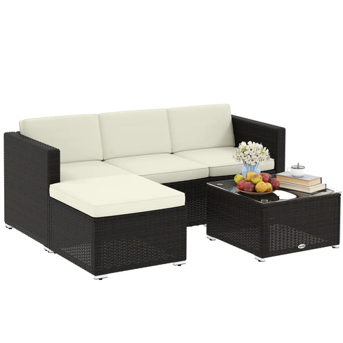 3-Piece Patio Set with Cushions, PE Rattan Sofa, Glass Table, Cream White