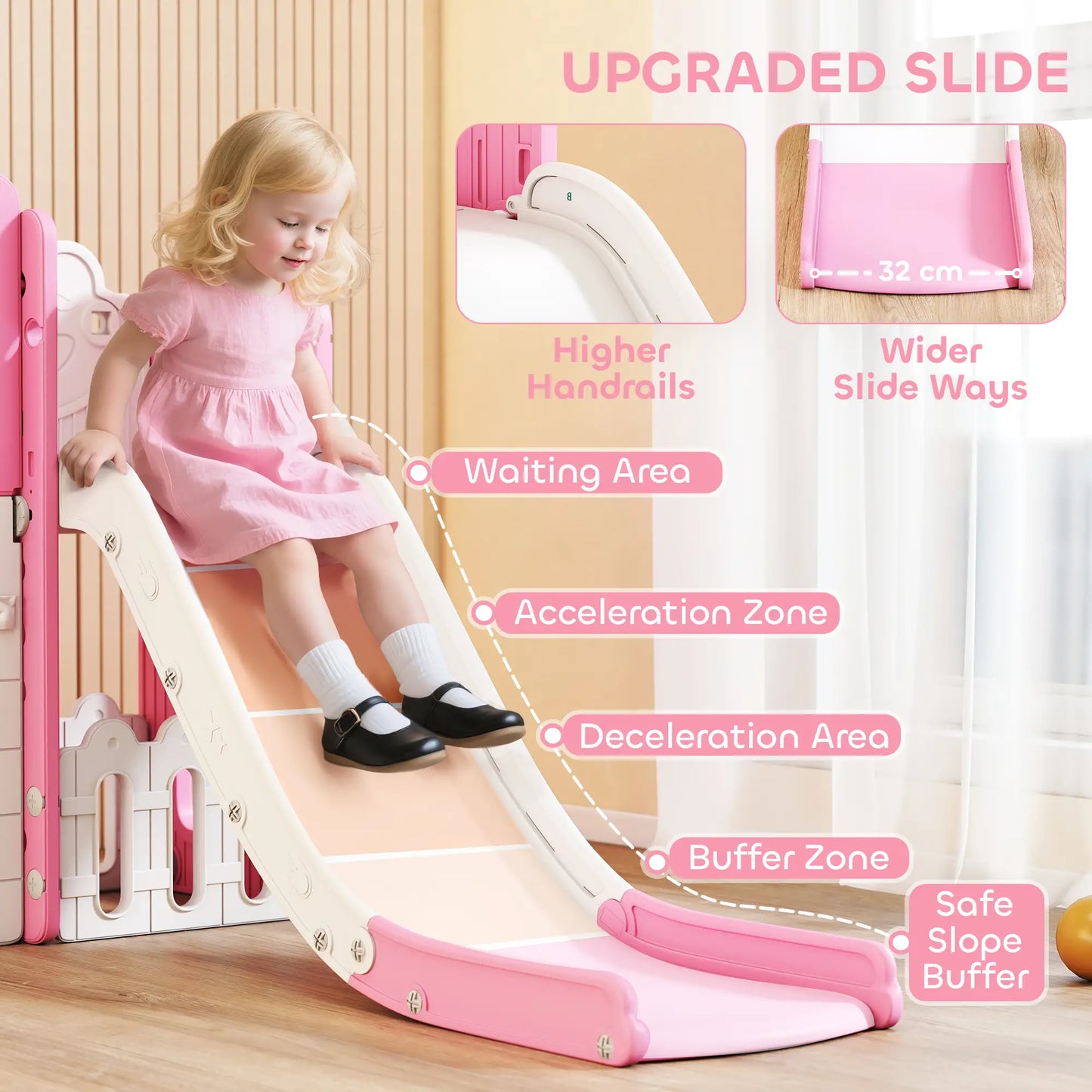 7 In 1 Toddler Slide With Basketball Hoop, Climbing Frame, Telescope, Drawing Board, Storage Box, Pink Gym Sets & Swings at Gallery Canada