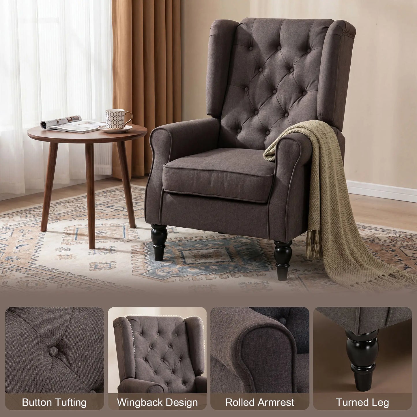 Fabric Accent Chair, Button Tufted Armchair, Wingback, Brown Single Sofas at Gallery Canada