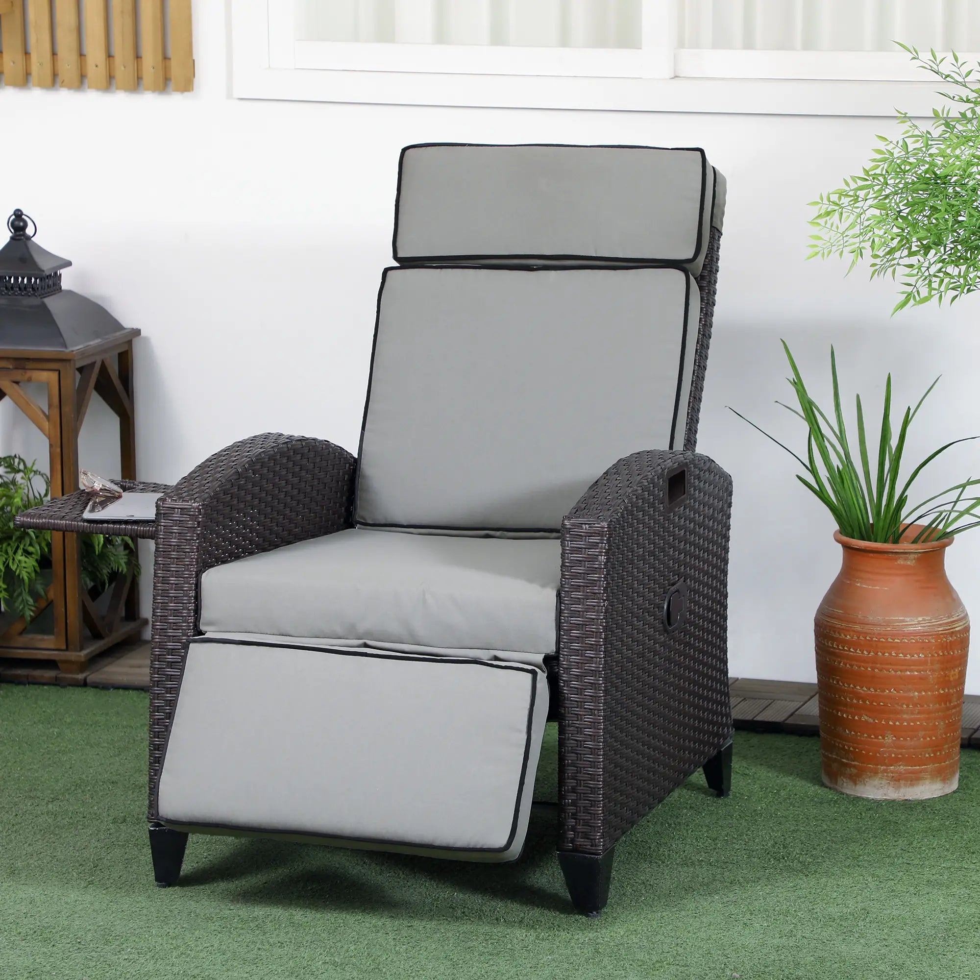 Outdoor Recliner Chair, Adjustable Backrest, Cushion, Side Tray, Light Grey Chaise Loungers at Gallery Canada