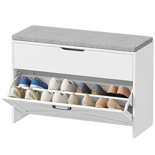 Shoe Storage Bench with Flip Drawer, Lift Top, Seat Cushion, White