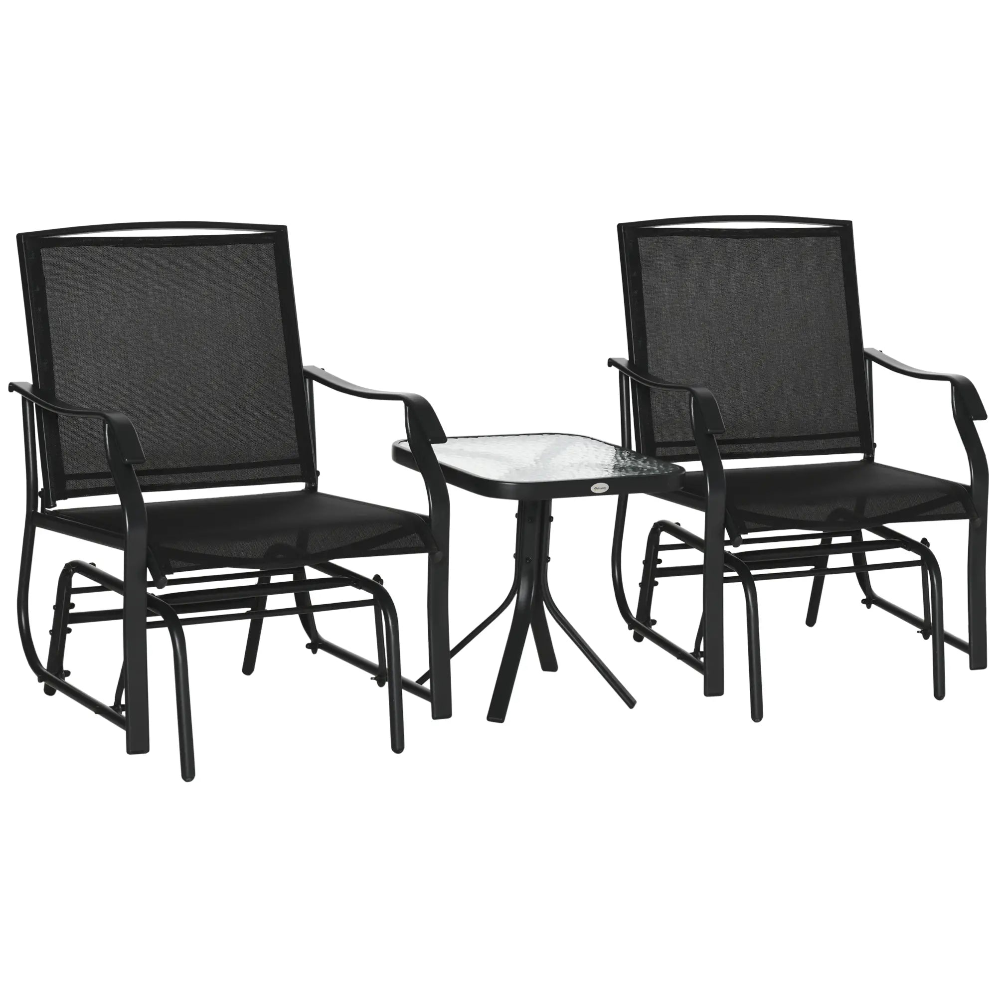 3 Piece Patio Glider Set, Breathable Mesh Seat, Glass Top Table, Black Outdoor Gliders Black Frame, Black Fabric at Gallery Canada