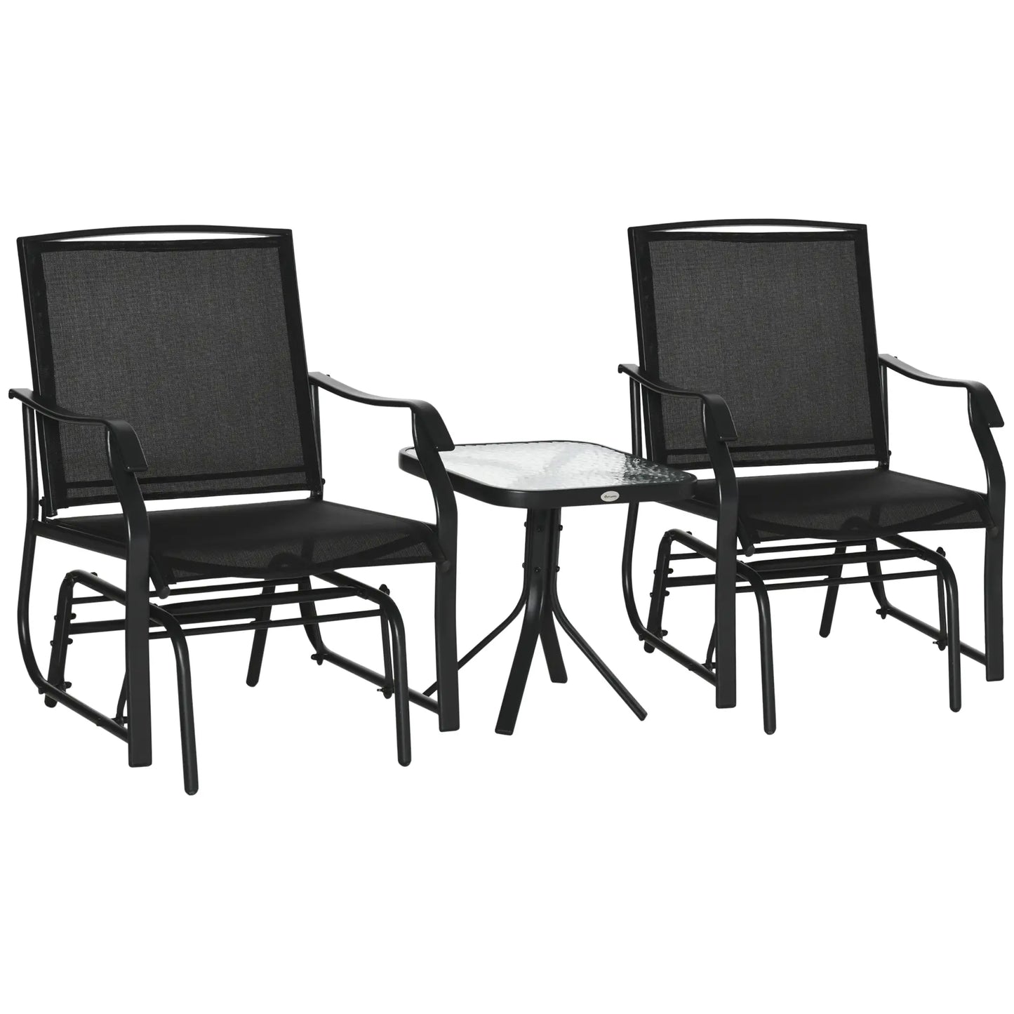 3 Piece Patio Glider Set, Breathable Mesh Seat, Glass Top Table, Black Outdoor Gliders Black Frame, Black Fabric at Gallery Canada