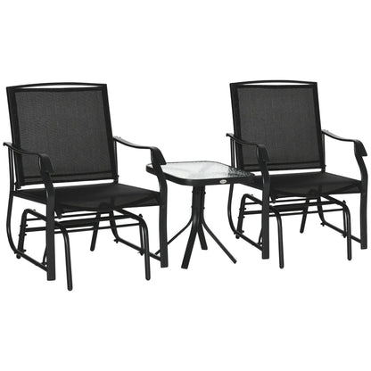 3 Piece Patio Glider Set, Breathable Mesh Seat, Glass Top Table, Black Outdoor Gliders Black Frame, Black Fabric at Gallery Canada