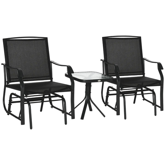 3 Piece Patio Glider Set, Breathable Mesh Seat, Glass Top Table, Black Outdoor Gliders Black Frame, Black Fabric at Gallery Canada