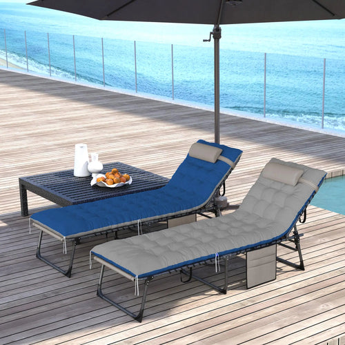 Folding Chaise Lounge Chair Set Of 2, With Cushion And Side Pocket, Brown/Blue