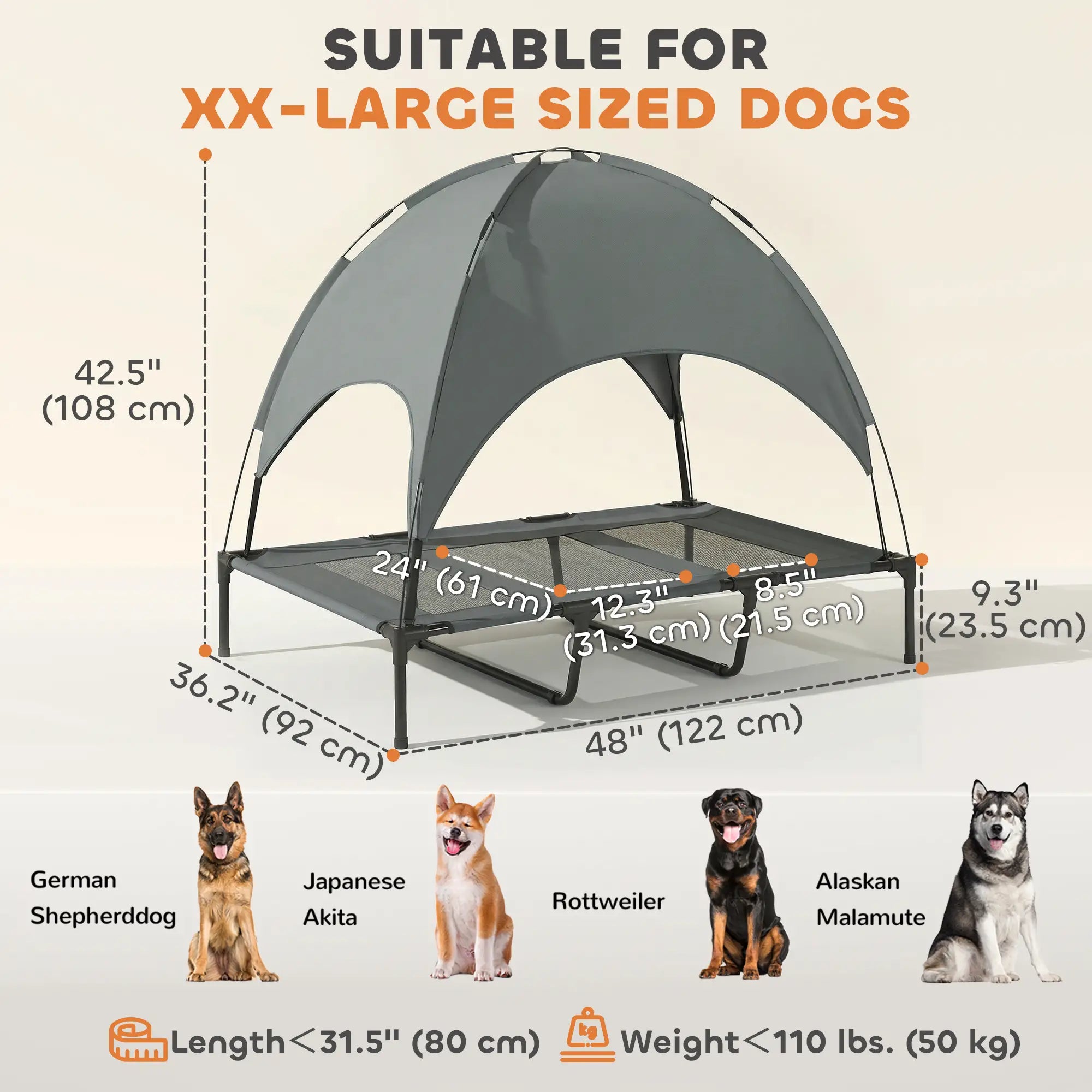 Elevated Dog Bed with Canopy, Portable XL Dog Cot, 48