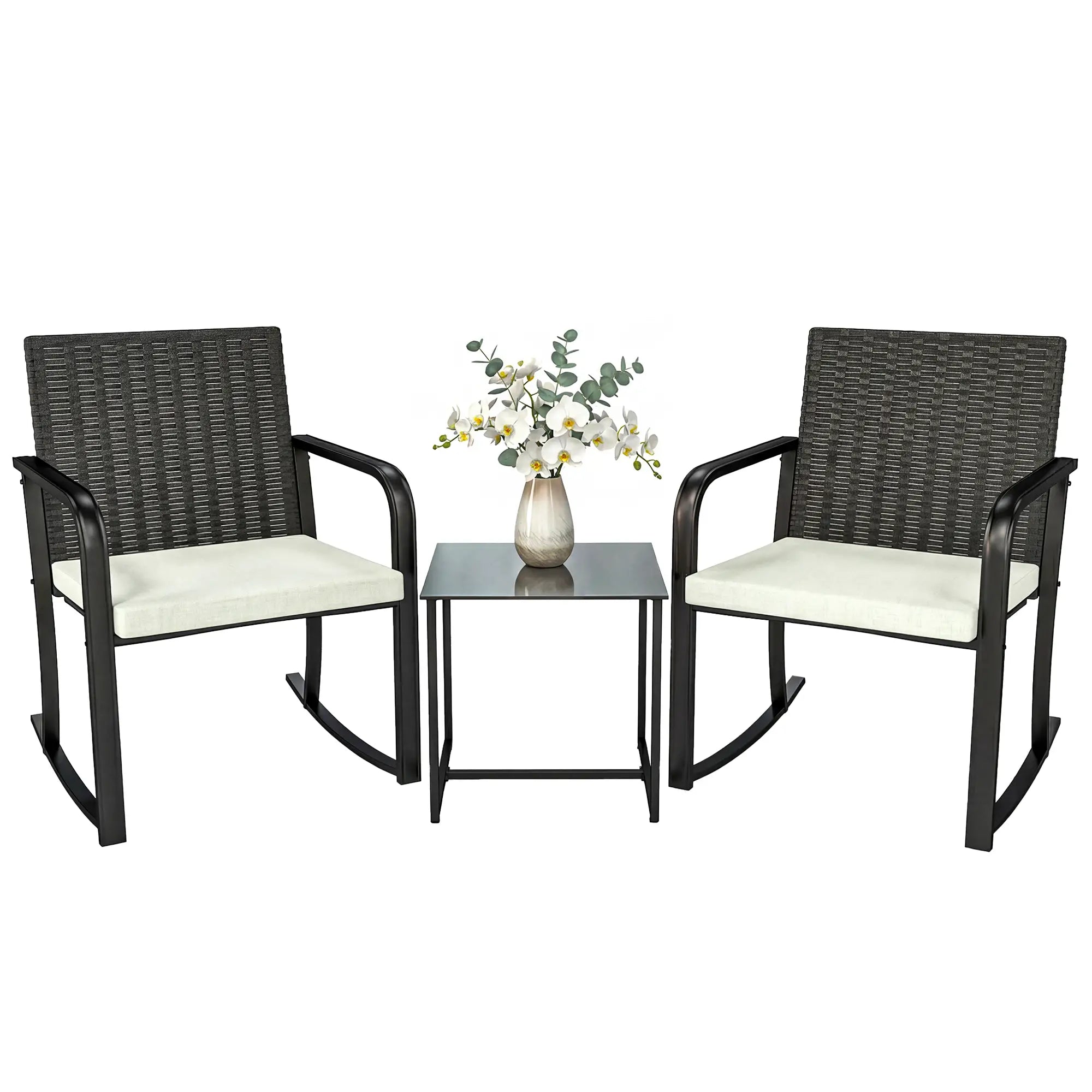 3 Piece Rocking Bistro Set, Glass Coffee Table, Cream White Bistro Sets at Gallery Canada