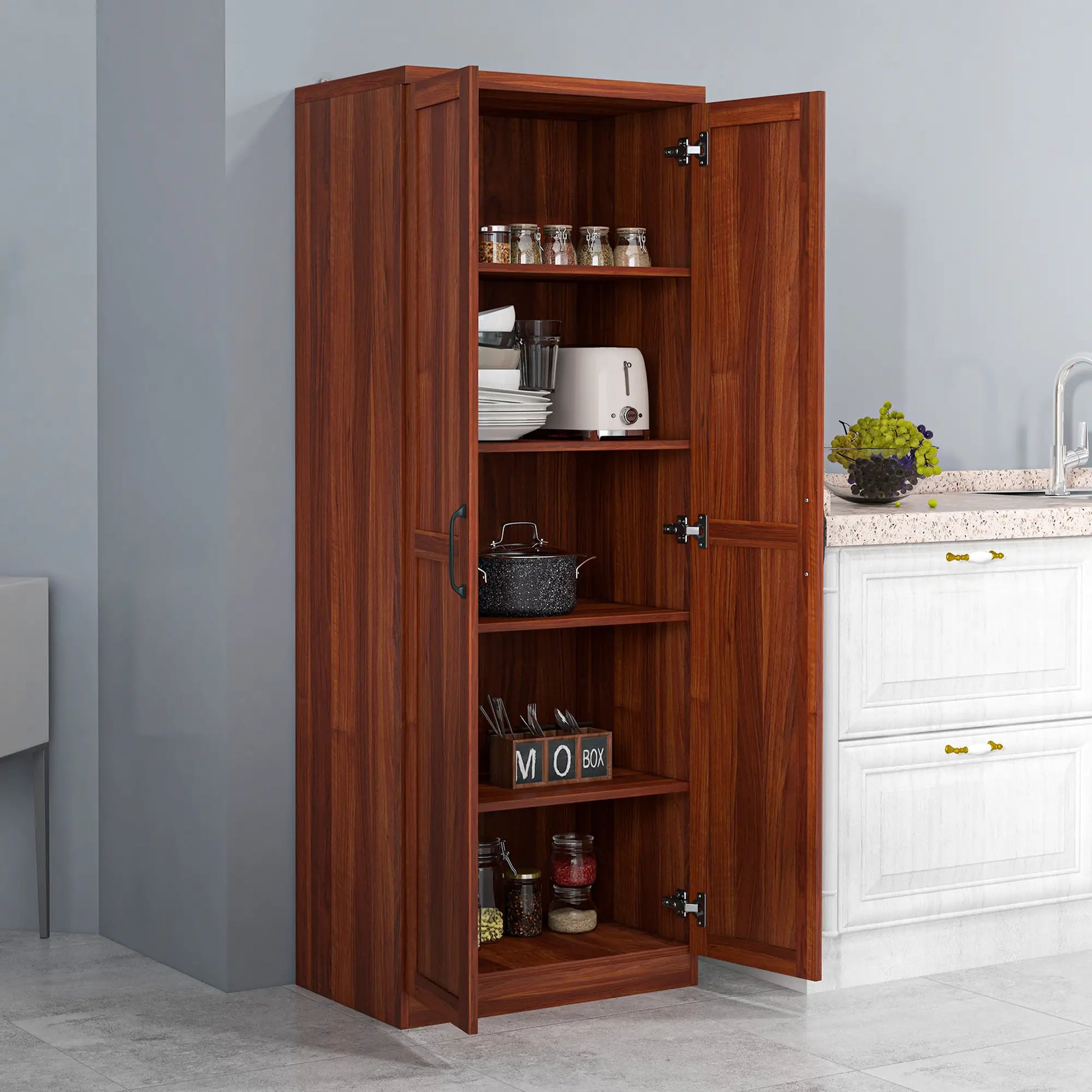 63" Kitchen Storage Cabinet, 5-Tier Pantry with Doors, Adjustable Shelves, Tan Kitchen Pantry Cabinets at Gallery Canada