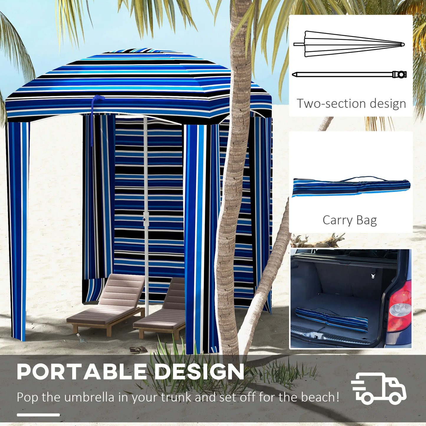 70.1" L x 70.1" W Cabana Umbrella, With Walls, Vents, Carry Bag, Blue Stripe