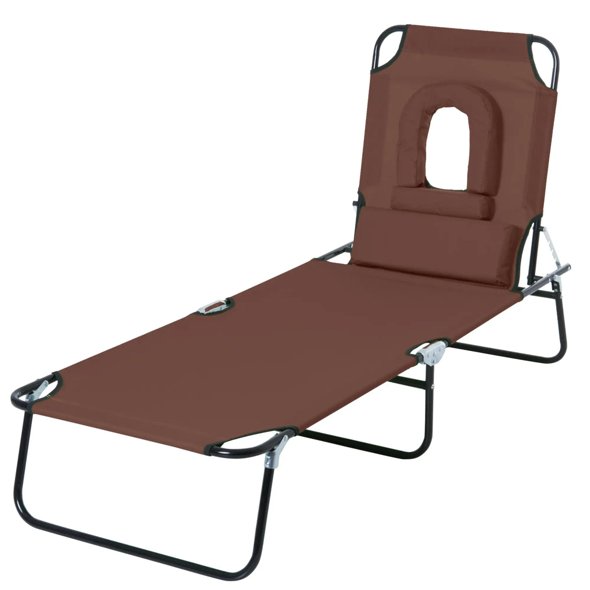 Adjustable Outdoor Lounge Chair, Folding Chaise with Face Hole, Brown