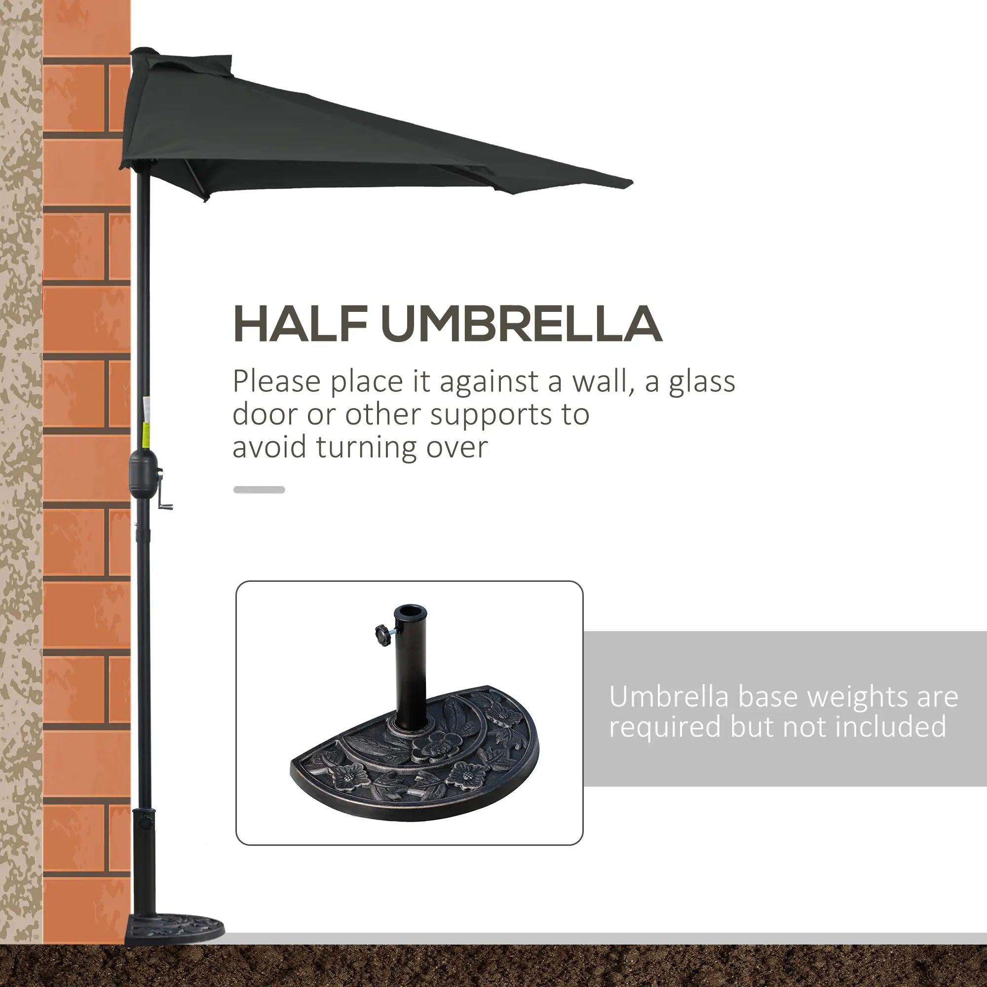 9.8ft Half Umbrella, Semi Round Patio Parasol, Crank Handle, Top Vent, Black Sun Umbrellas at Gallery Canada