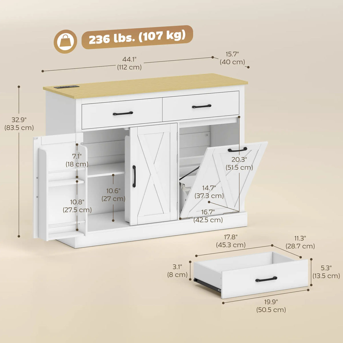 7 Gallon Tilt Out Garbage Cabinet, Kitchen Island With Charging Station, White