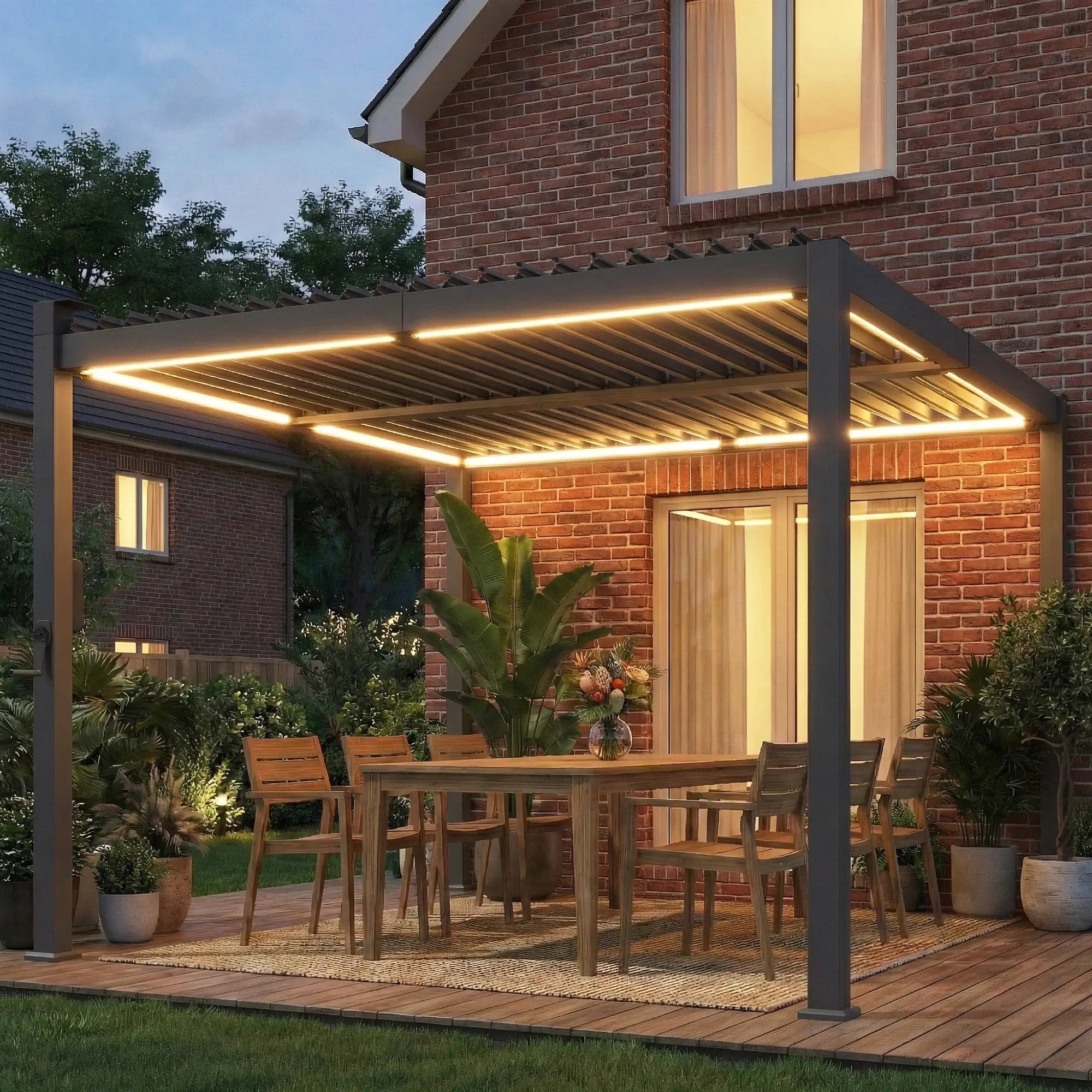 10 x 10 ft Louvered Pergola with Solar LED lights, Metal Roof, Outdoor Pergola Gazebo with Drainage Gutters, Black Pergolas at Gallery Canada