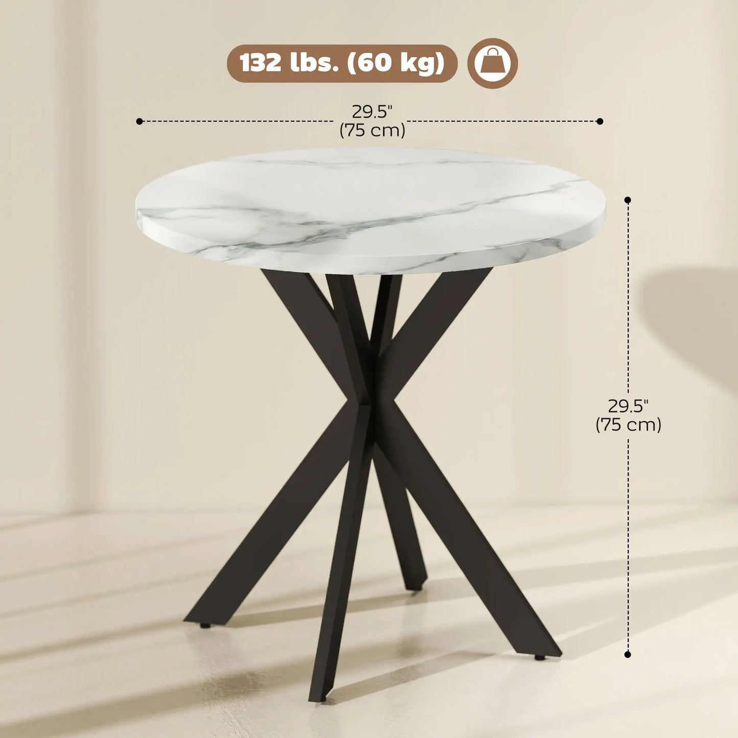29" Round Dining Table, White Marble-Effect, Steel Legs, White Dining Tables at Gallery Canada