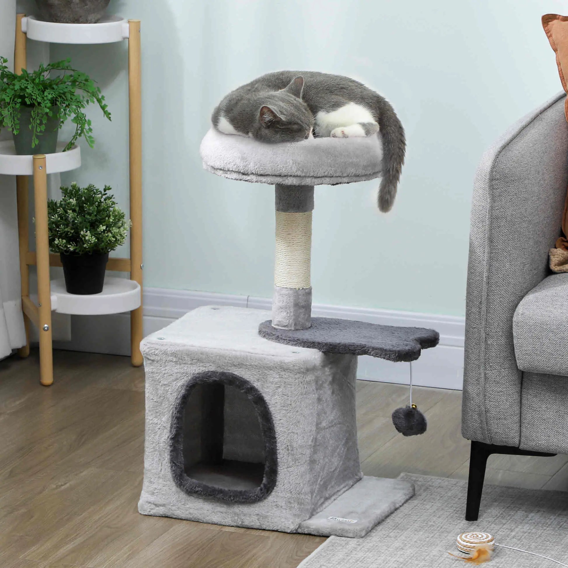 28" Cat Tree Tower with Plush Bed, Condo, Sisal Post, Perch, Ball, Light Grey Cat Posts at Gallery Canada