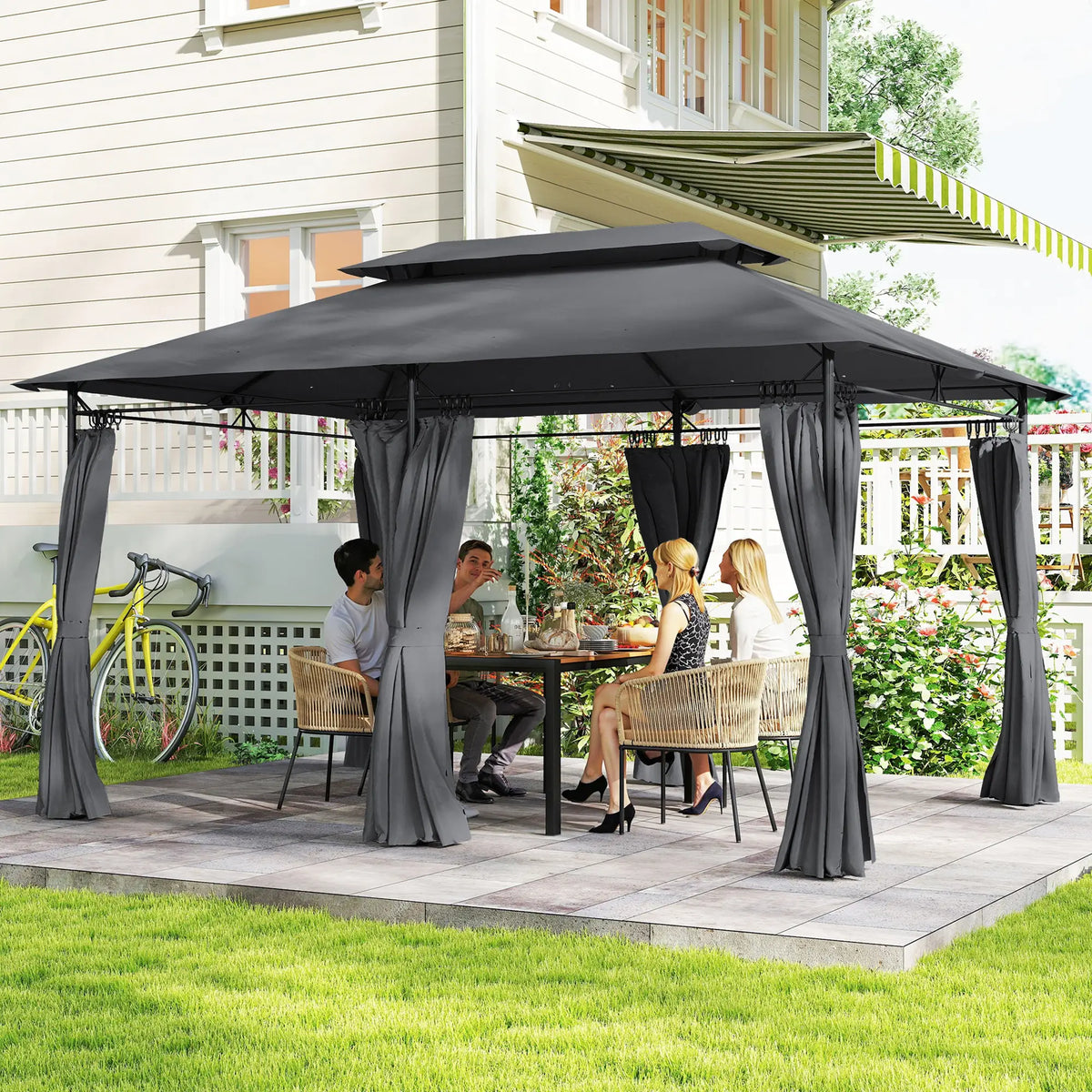 10' x 13' Double Roof Patio Gazebo, Outdoor Gazebo with Curtains, Grey