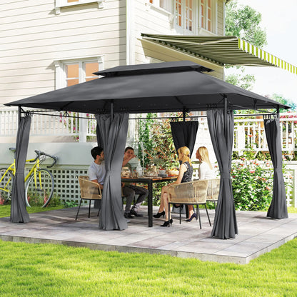 10' x 13' Double Roof Patio Gazebo, Outdoor Gazebo with Curtains, Grey