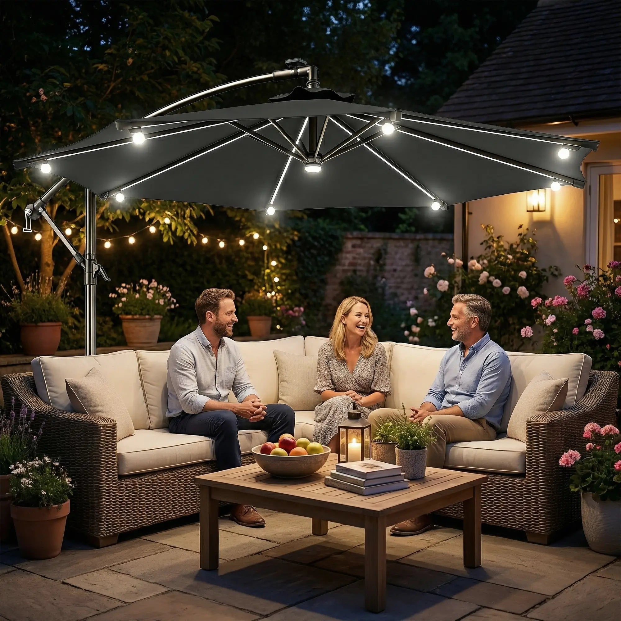 8.8FT Cantilever Patio Umbrella, Solar LED Lights, Crank Handle, Grey Offset Cantilever Umbrellas at Gallery Canada