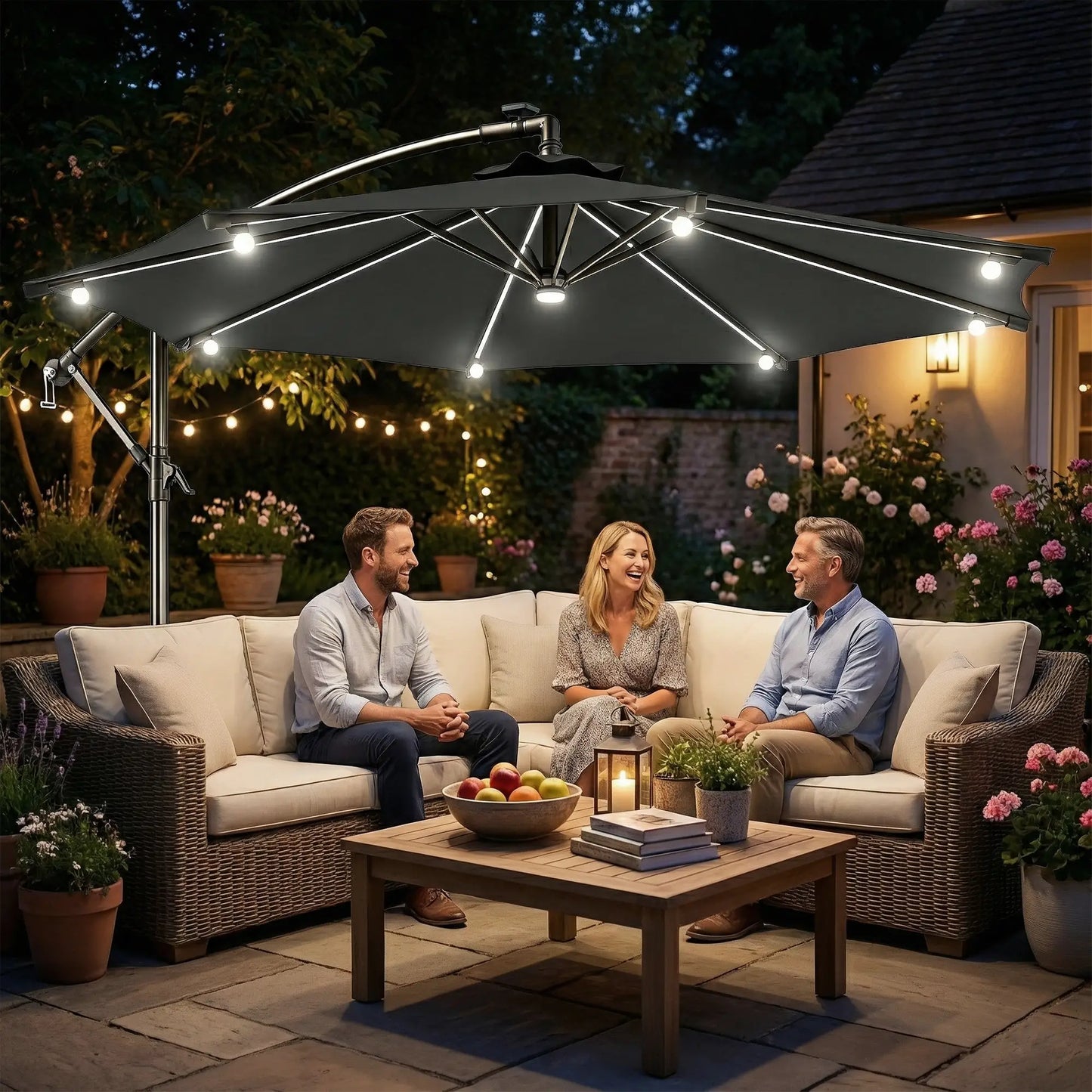 8.8FT Cantilever Patio Umbrella, Solar LED Lights, Crank Handle, Grey Offset Cantilever Umbrellas at Gallery Canada