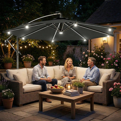 8.8FT Cantilever Patio Umbrella, Solar LED Lights, Crank Handle, Grey Offset Cantilever Umbrellas at Gallery Canada